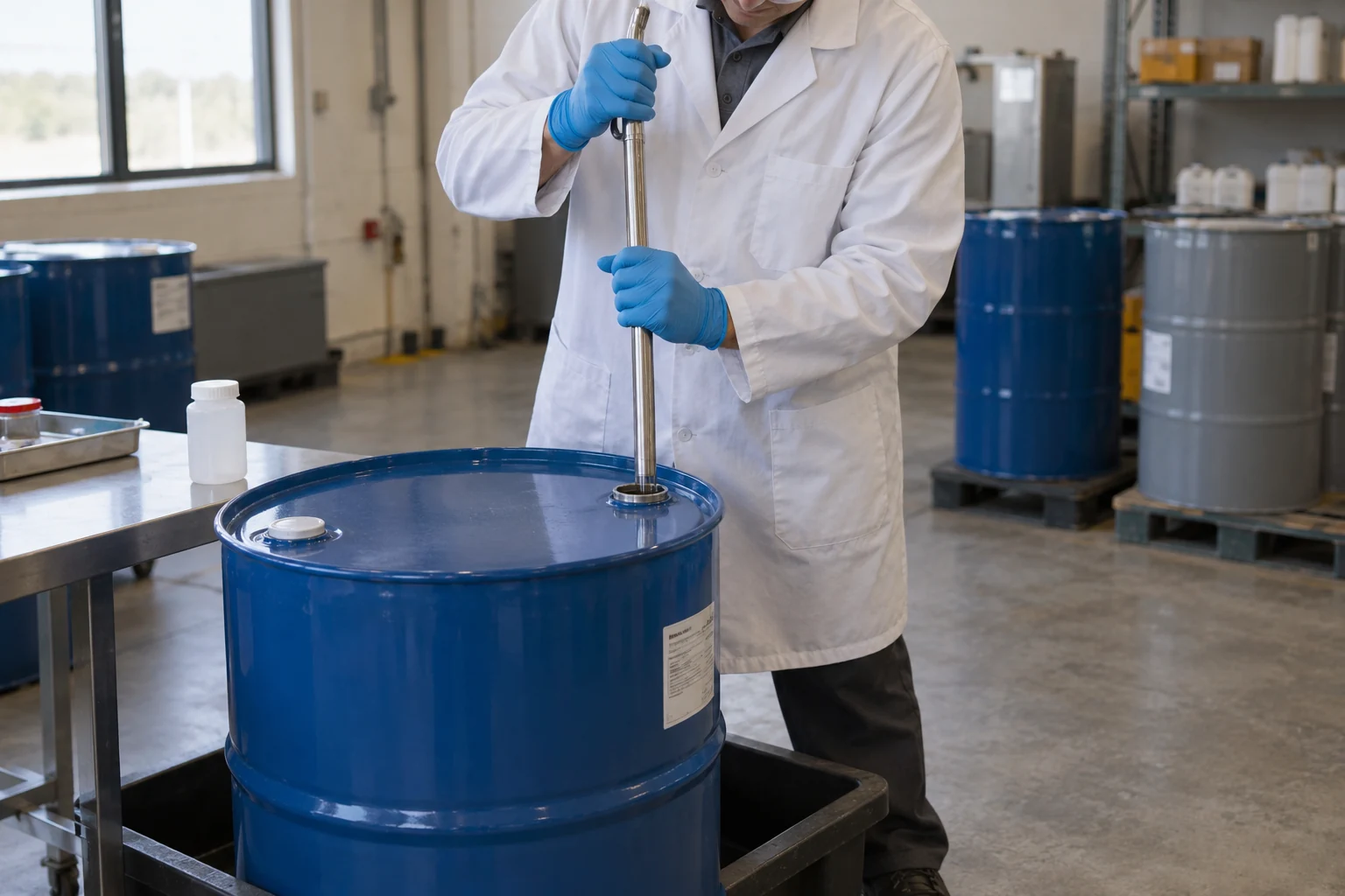 a generic scene of collecting a batch sample through a drum bung.