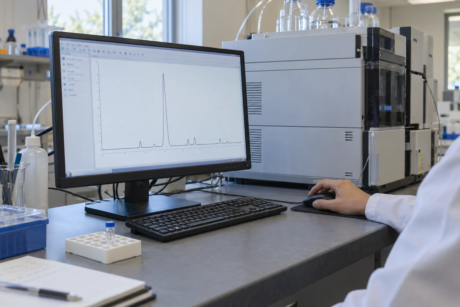 a generic chromatogram and a capped vial for discussion of impurity profiles.