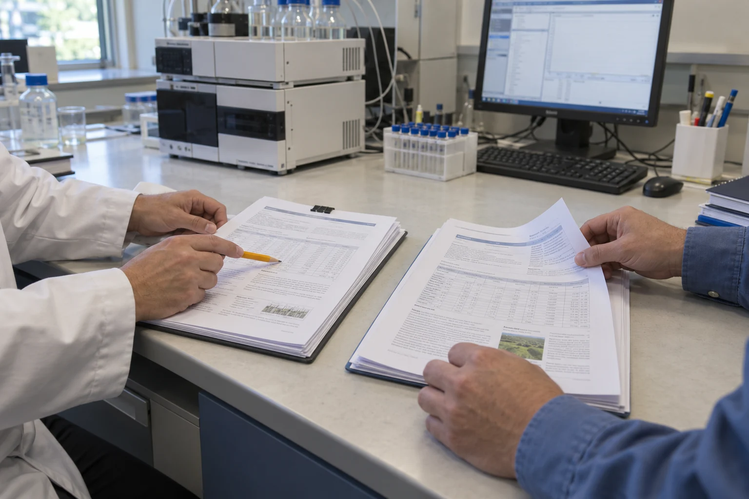 two people review source-profile documents; no equivalence decision is represented.