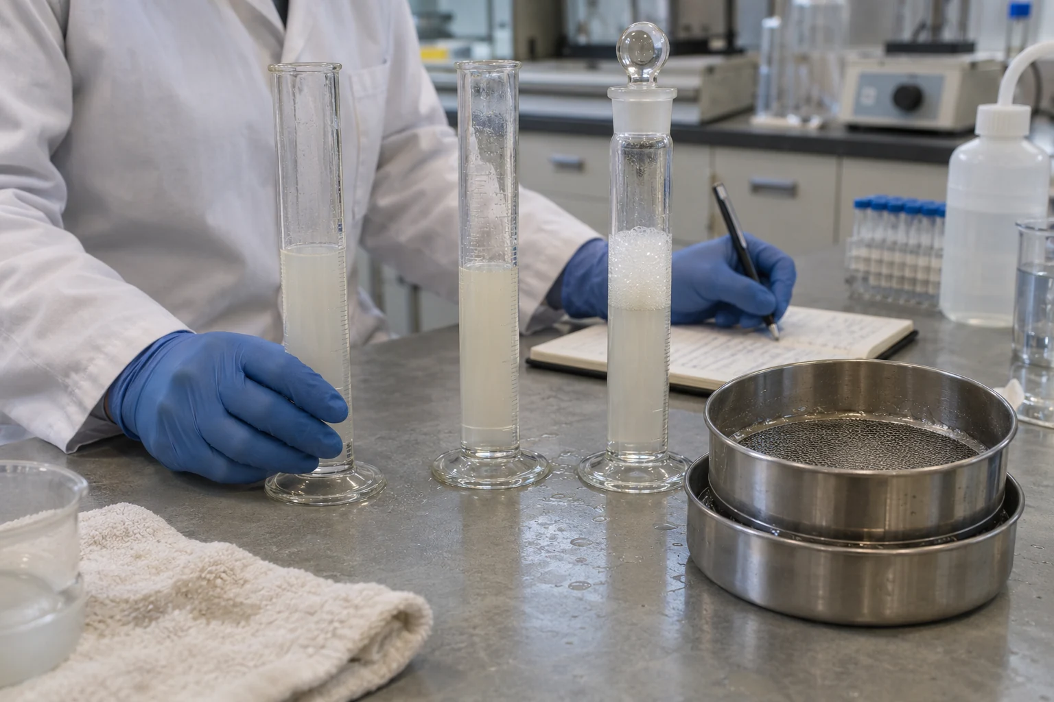 cylinders, a wet sieve and a foam-testing bench; no test result is represented.