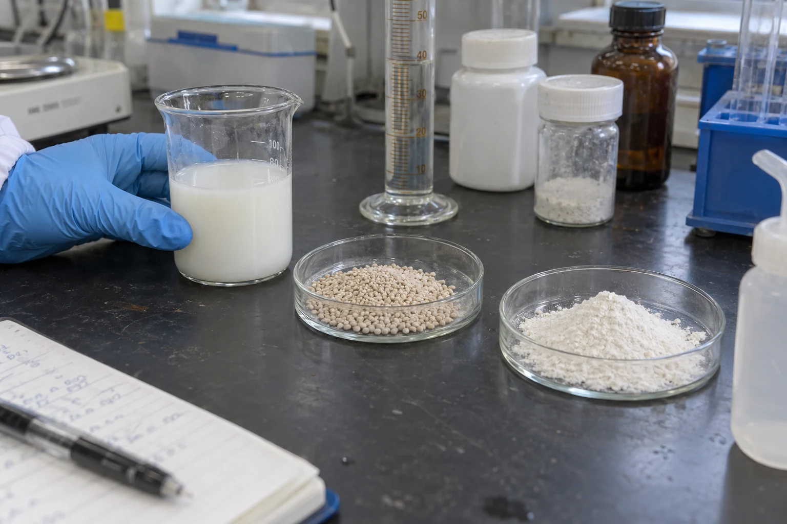 Liquid, granule and powder formulation samples.