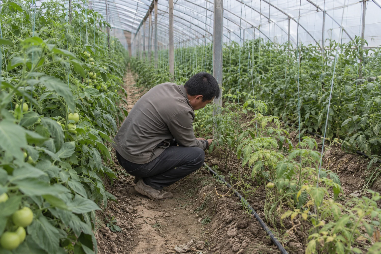 An illustration of inspecting uneven greenhouse crop growth. Growth alone does not identify a cause.