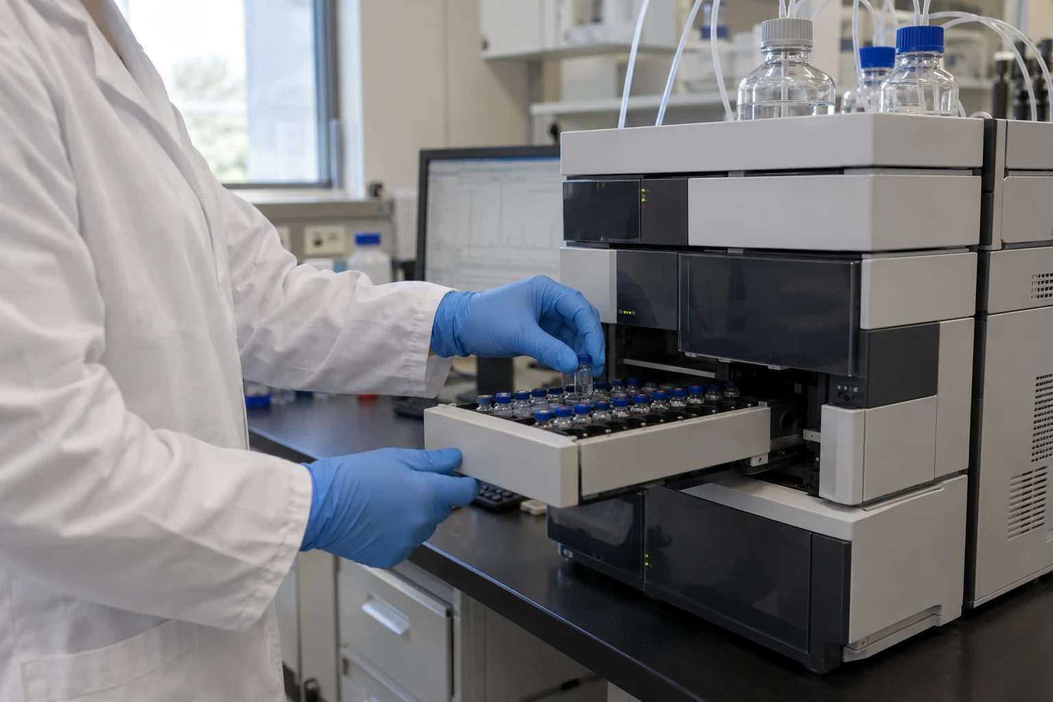 an analyst loads a vial into an HPLC autosampler.