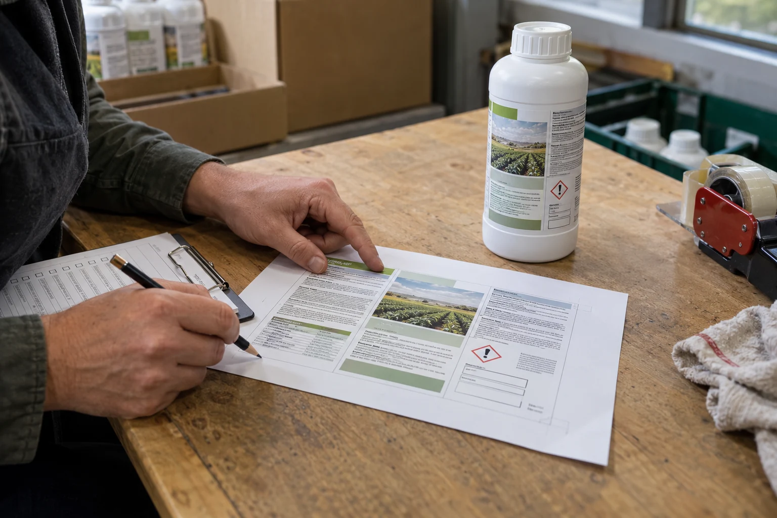 checking a printed demo label proof against its container.