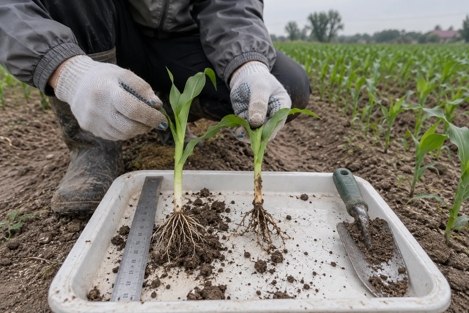 An illustration of digging up maize seedlings to examine mesocotyls and roots.