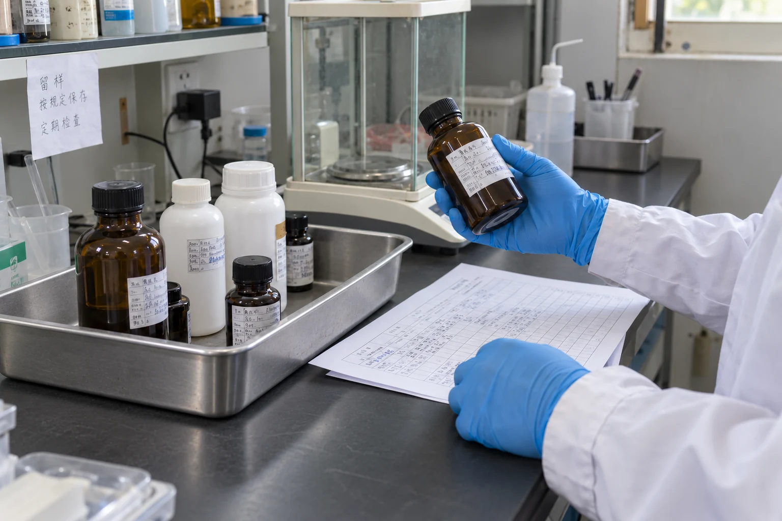 Checking retained sample bottles against batch records.