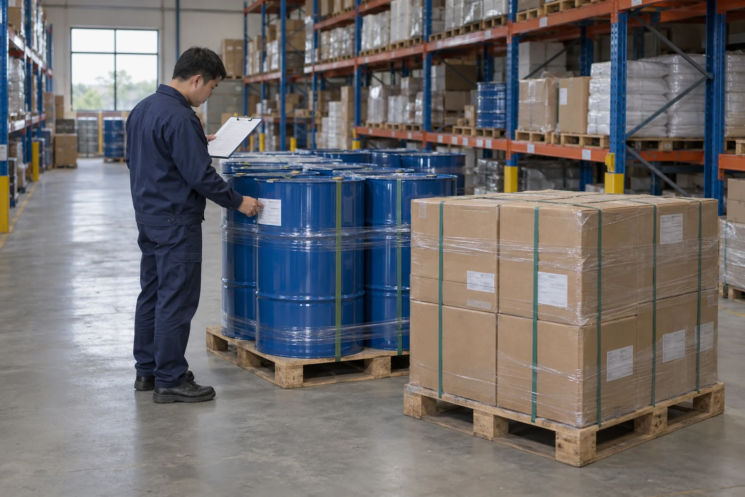 a warehouse worker checks sealed drums and cartons before dispatch.