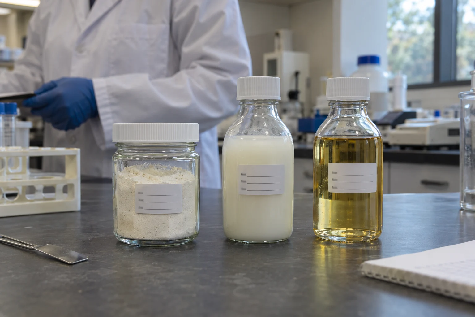 a technical powder sample beside liquid formulation samples.