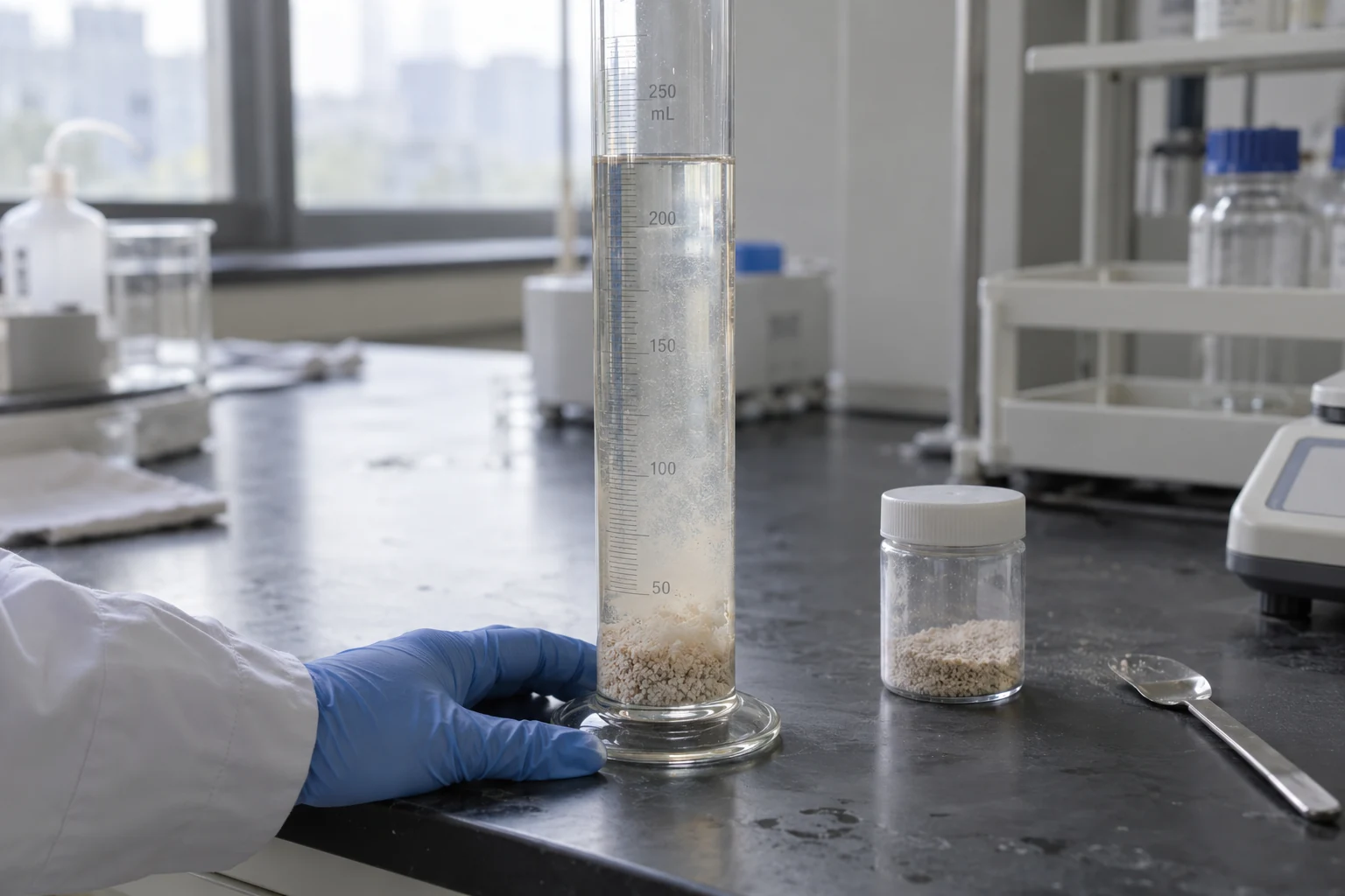 An illustration of water-dispersible granules breaking down and dispersing in water.