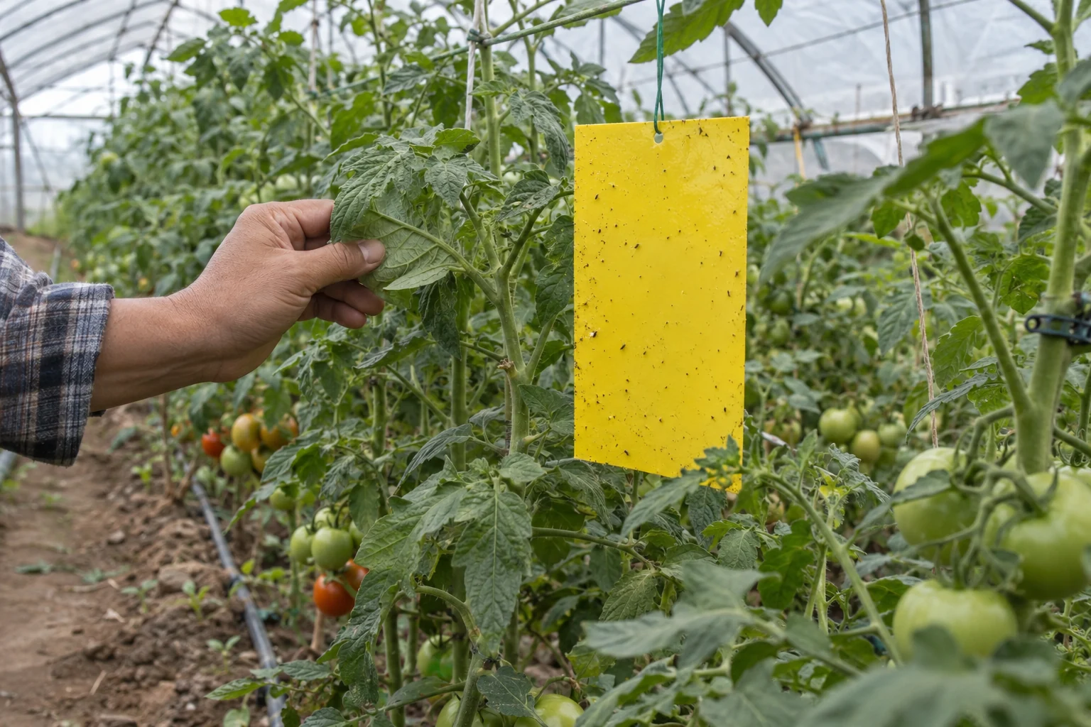 A greenhouse sticky card and leaf-underside check: traps support monitoring and leaf observations confirm what is present.