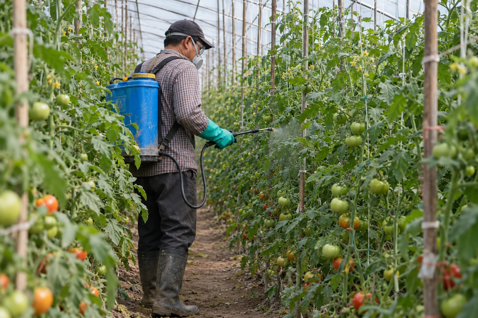 A worker wearing protective equipment applies a foliar spray in a tomato greenhouse.