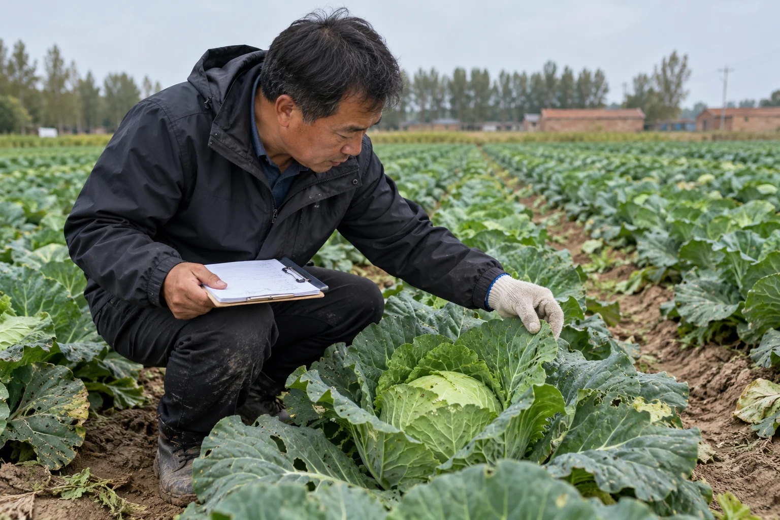 An agronomist checks cabbage leaves and records field observations.