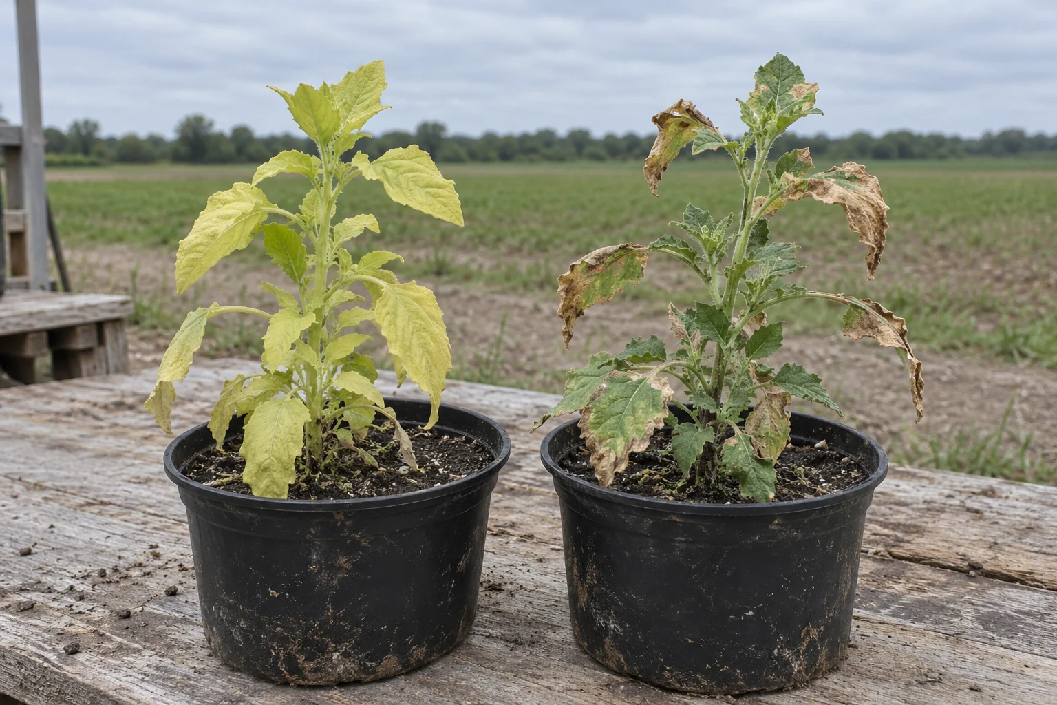 Two plants of the same weed type showing yellowing and leaf necrosis.