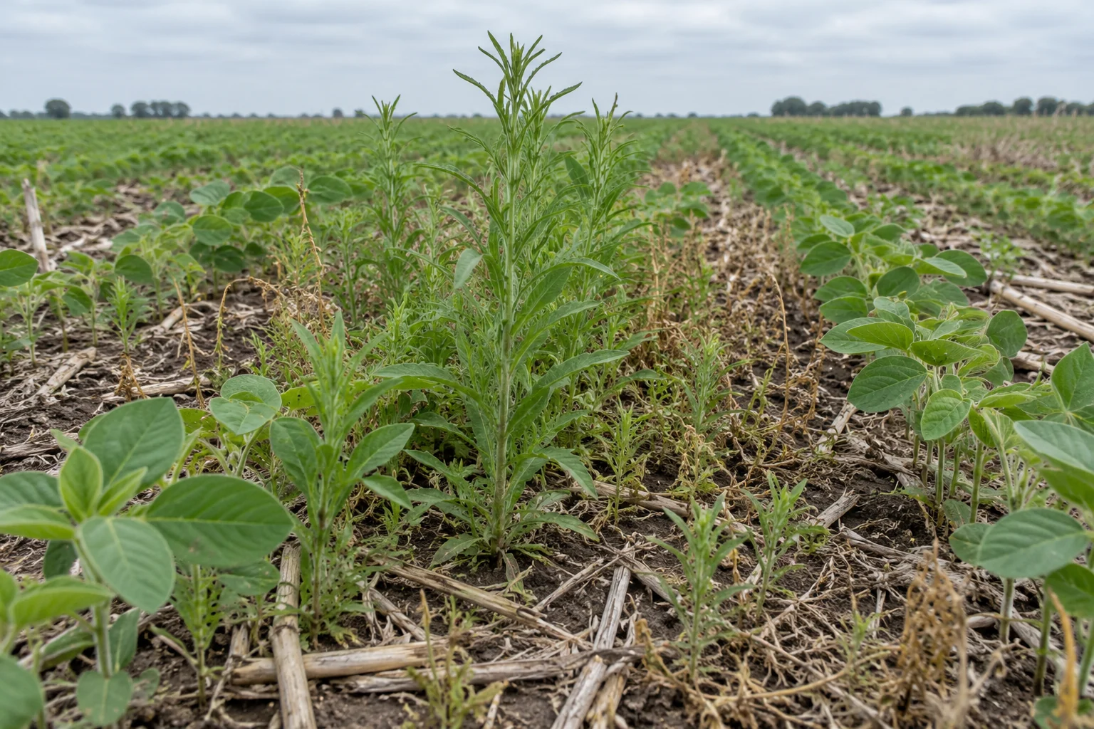 Green horseweed and yellowed weeds between soybean rows.