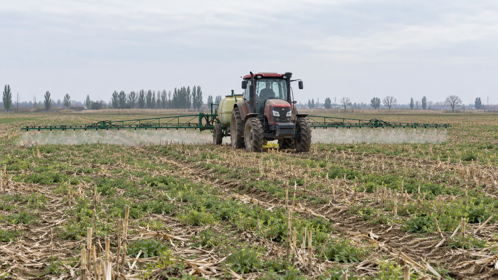 A boom sprayer works over crop residue and green weeds in a no-till field before planting.