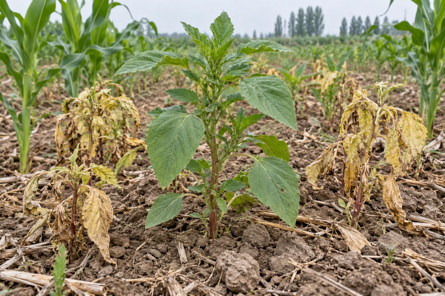 A green weed stands among yellowed plants on the soil surface in a maize field.
