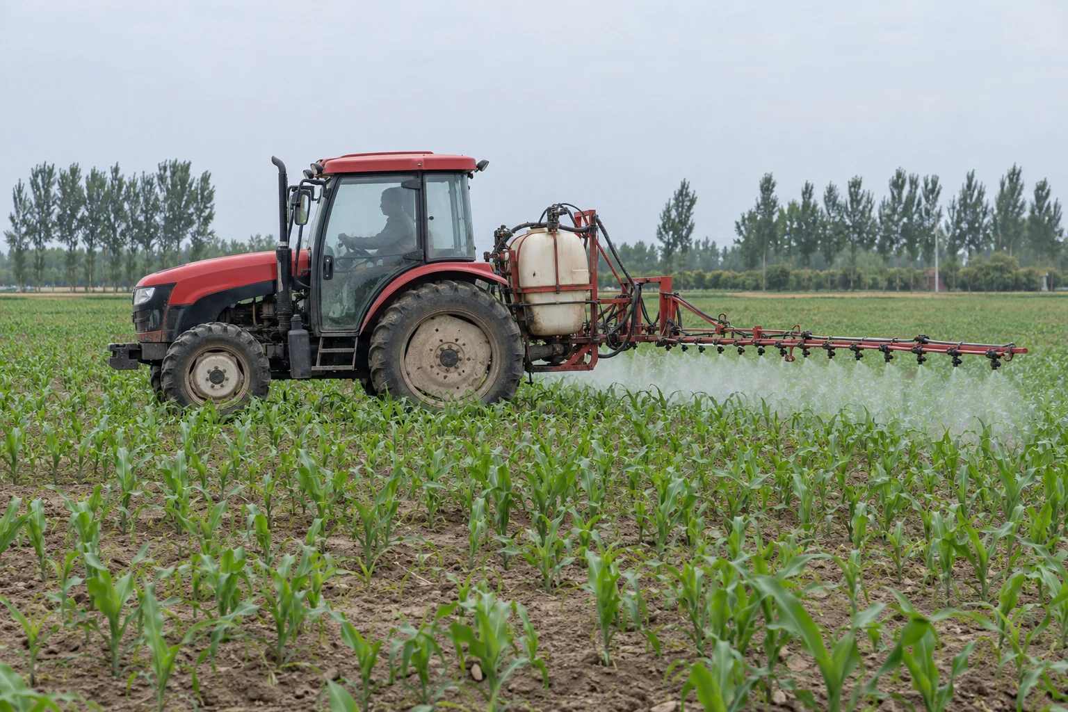 An enclosed-cab tractor with a boom sprayer works in a young maize field.
