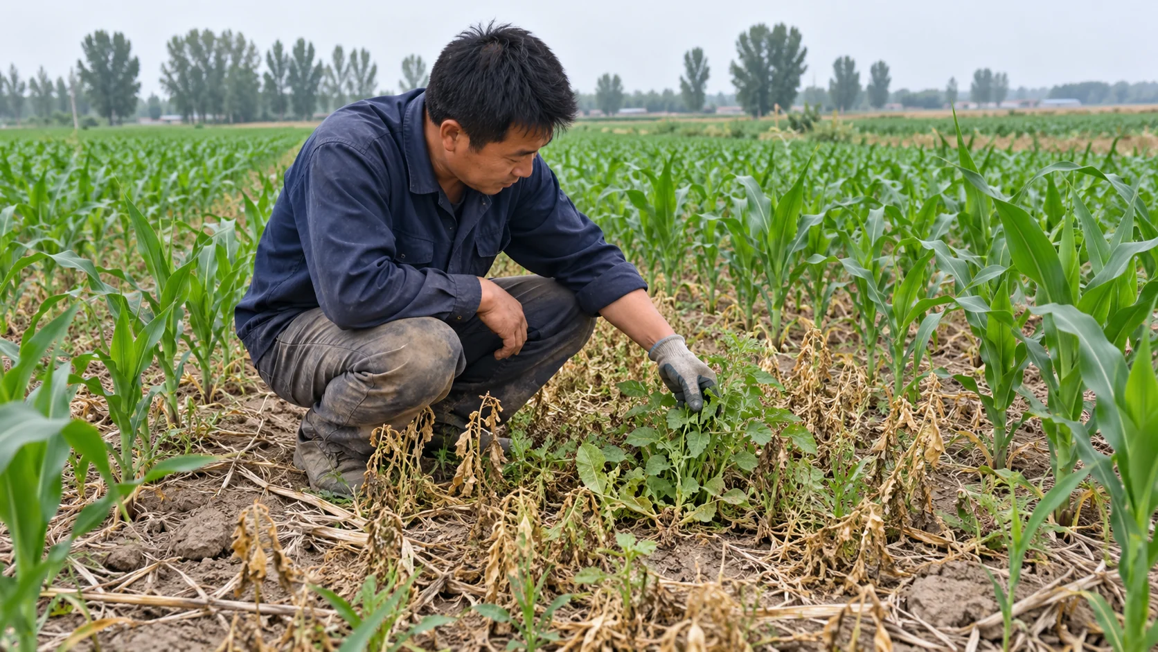 An agronomist examines green and yellowed weeds between maize rows.