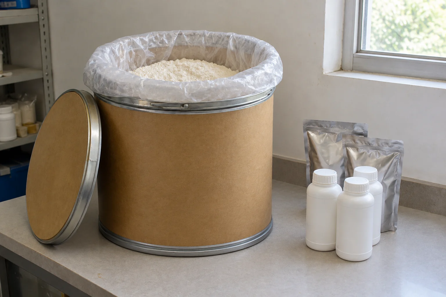 Powder in a lined fiber drum alongside small sealed containers.