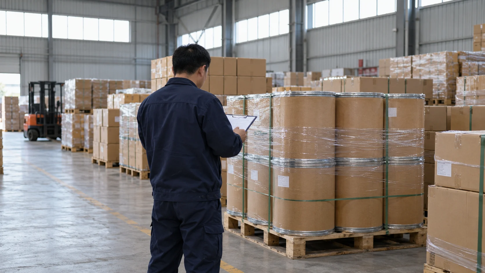A warehouse worker checks palletized goods against paperwork.