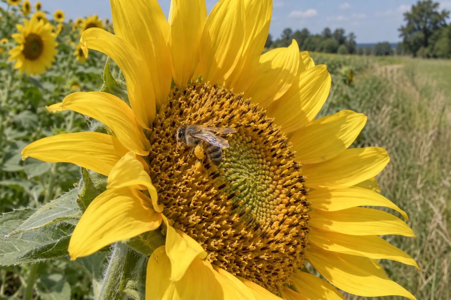 Una abeja recoge polen en un girasol al borde del campo.
