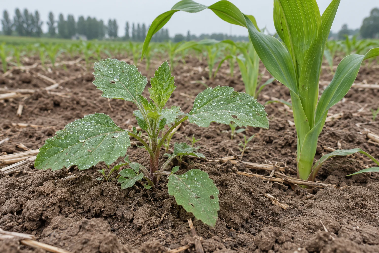 Pequeñas gotas sobre las hojas de una maleza de hoja ancha junto a una plántula de maíz.