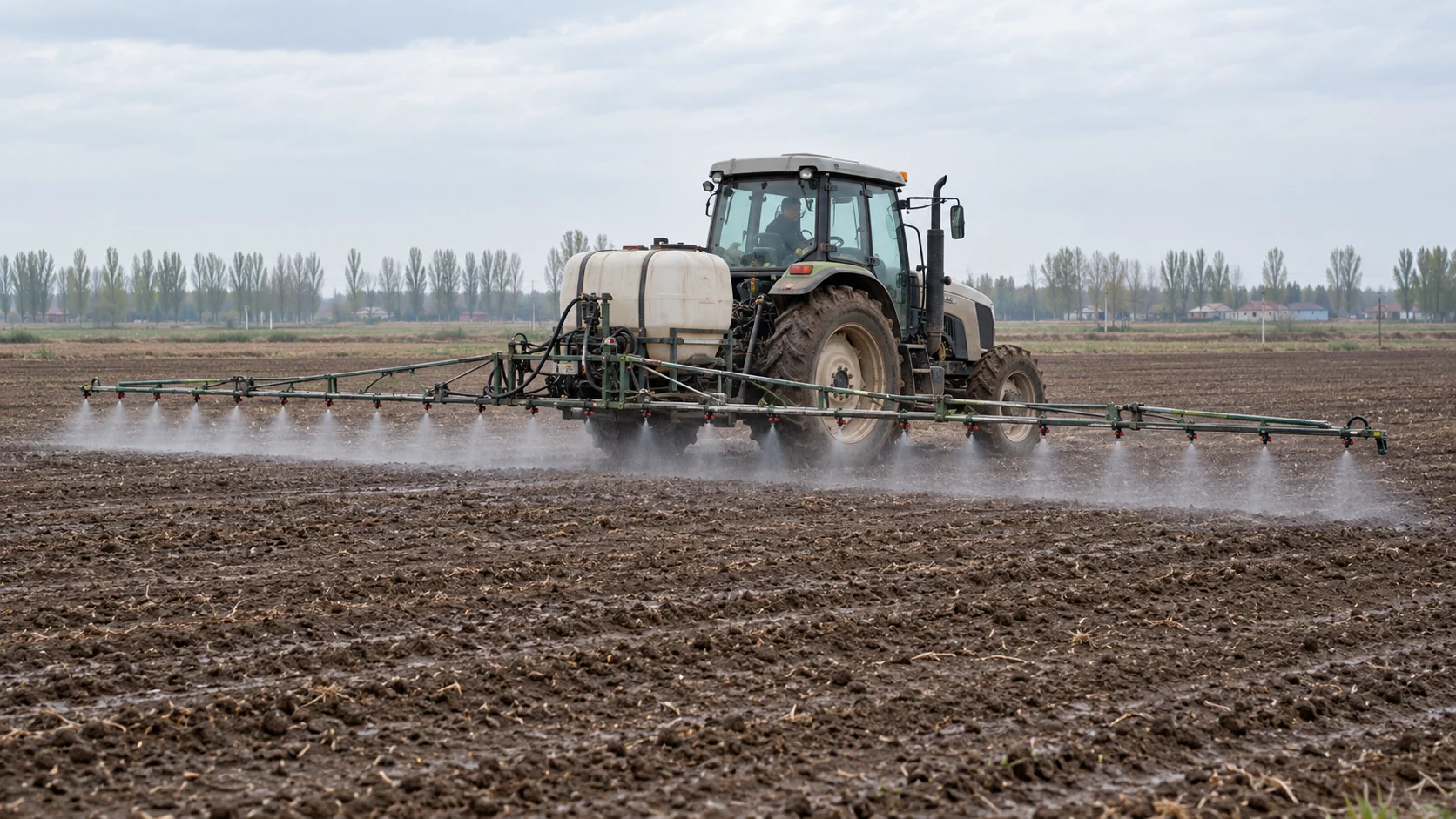Un pulverizador de barras montado en tractor trabaja sobre suelo sembrado húmedo antes de la emergencia.