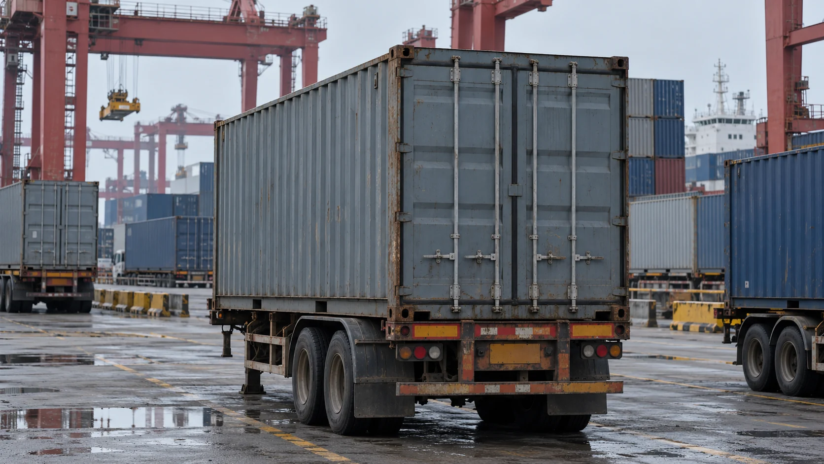 Closed containers and handling equipment at a container terminal.