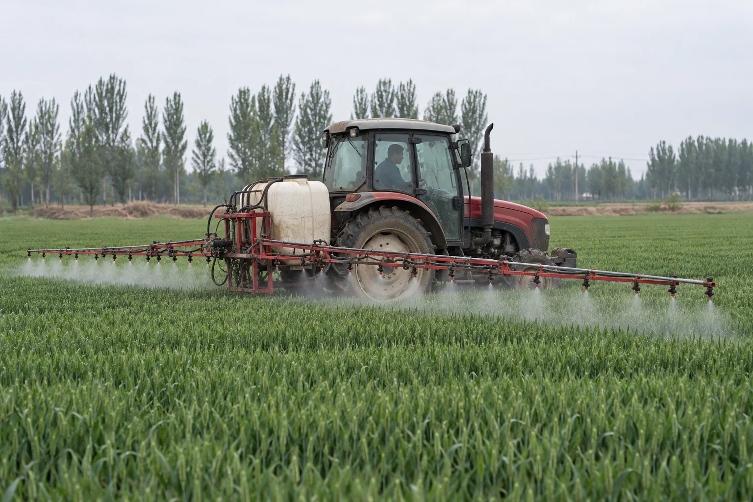An enclosed-cab boom sprayer works through a dense wheat canopy.