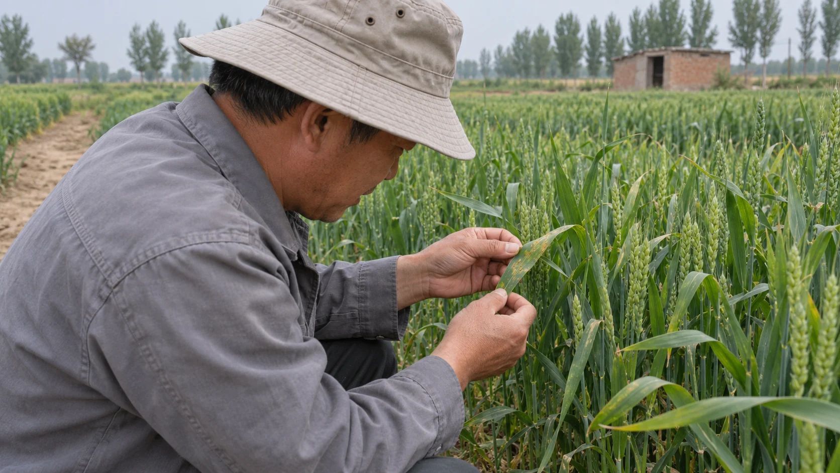 An agronomist examines a spotted leaf in a wheat field.
