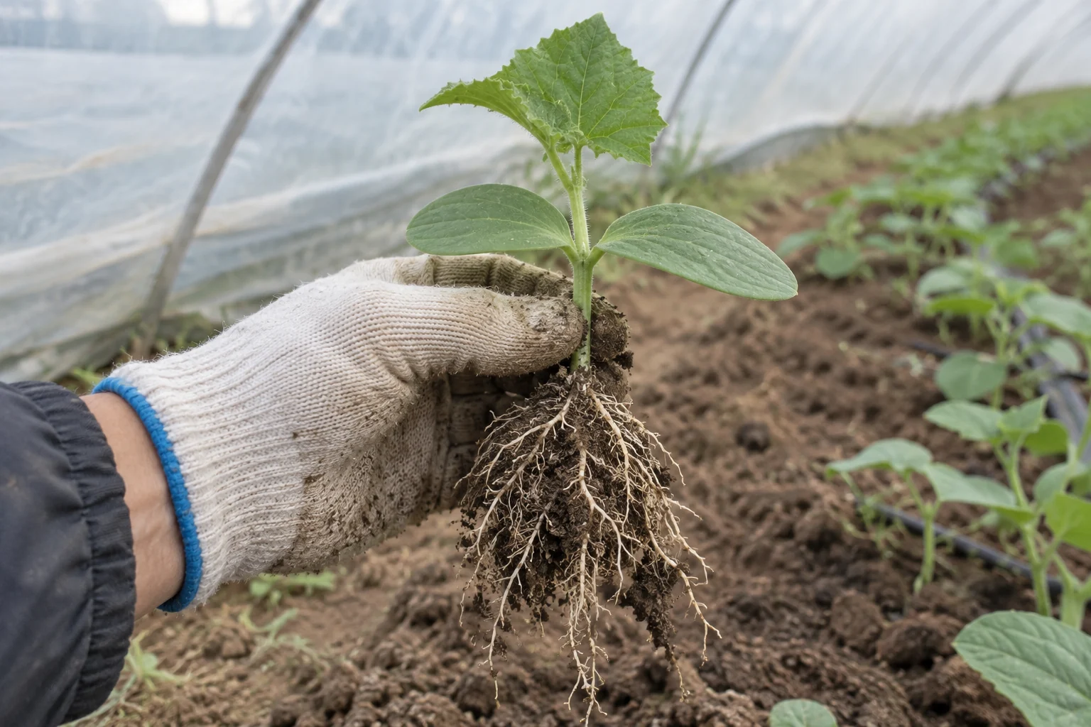 刚取出的黄瓜幼苗根系，根间带有少量湿土。