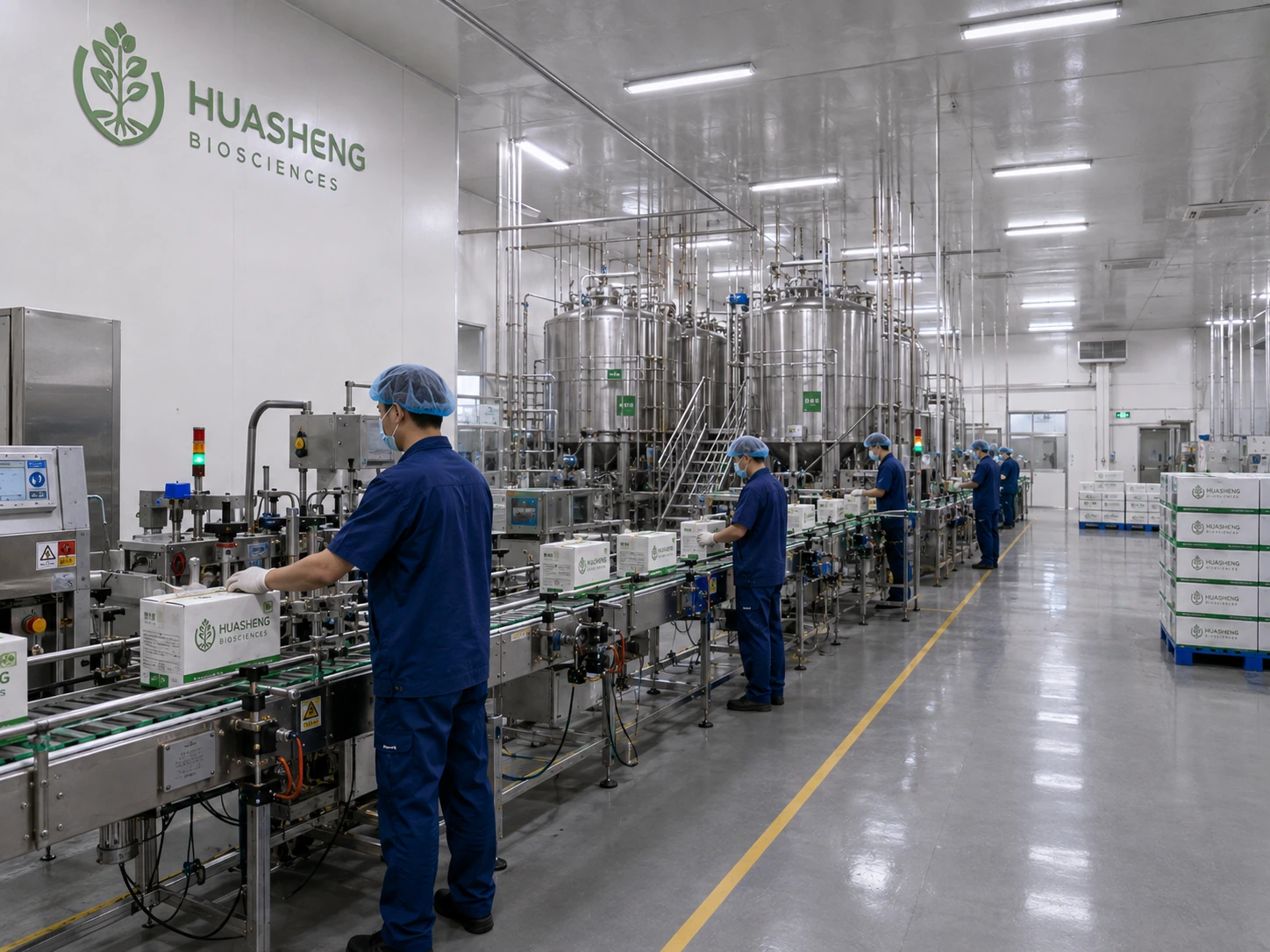 A production hall with stainless-steel tanks and a filling line, with the Huasheng logo on the wall.