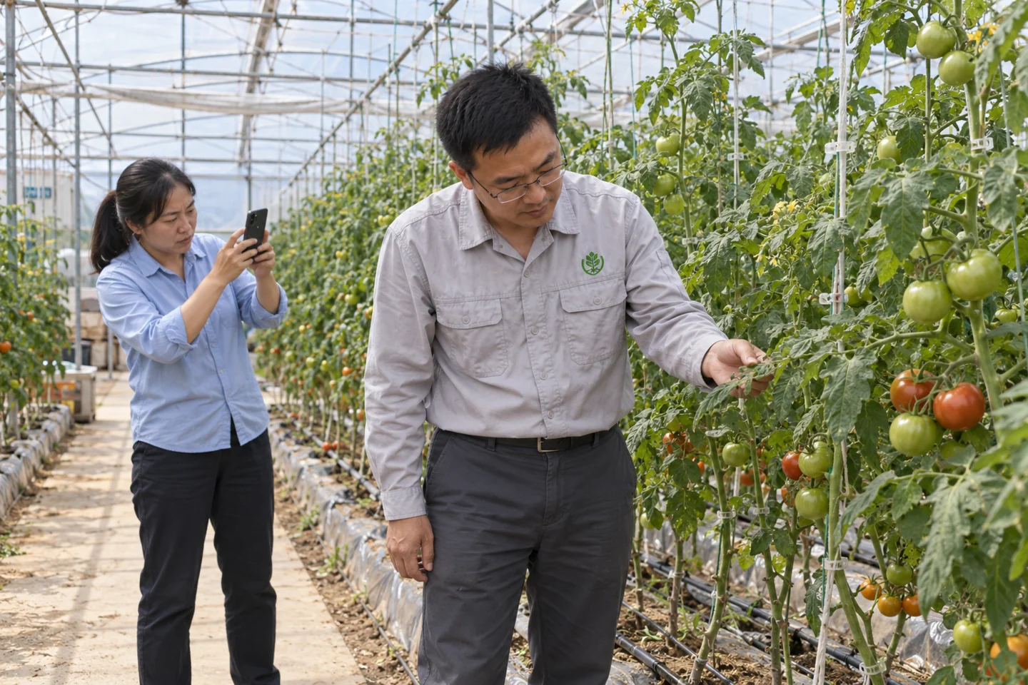 Inspecting tomato plants during a greenhouse visit.
