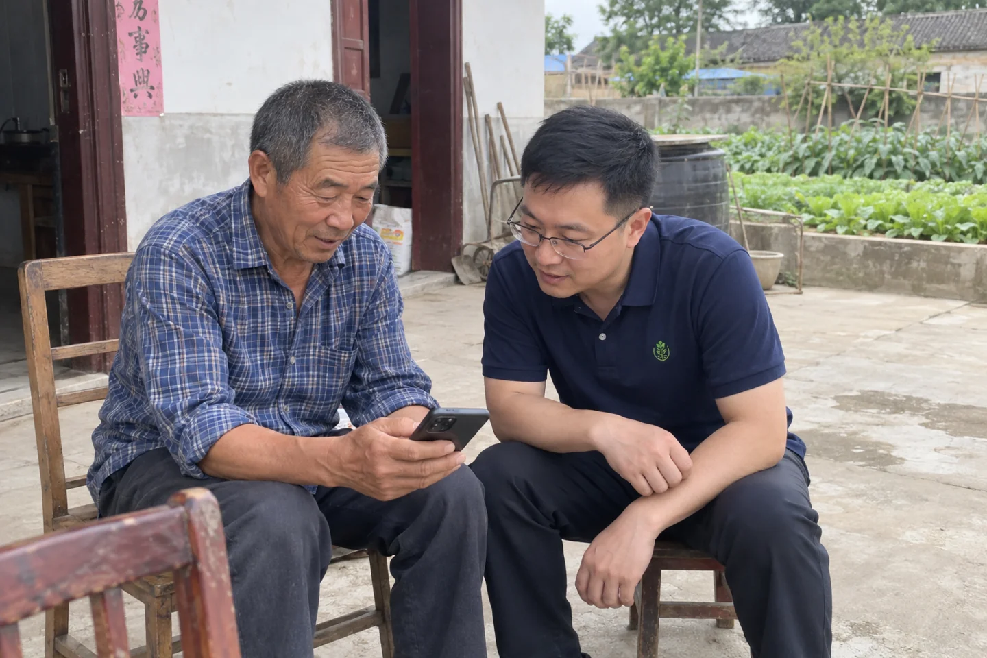 Company-provided photograph: a Huasheng staff member and a farmer looking at a phone in a farmyard.