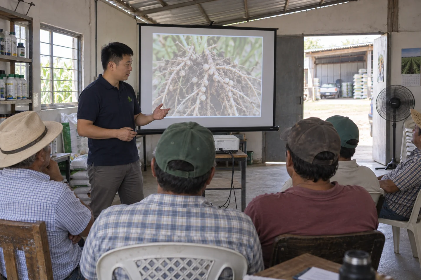 Company-provided photograph: a Huasheng staff member presenting root-nodule images to growers.