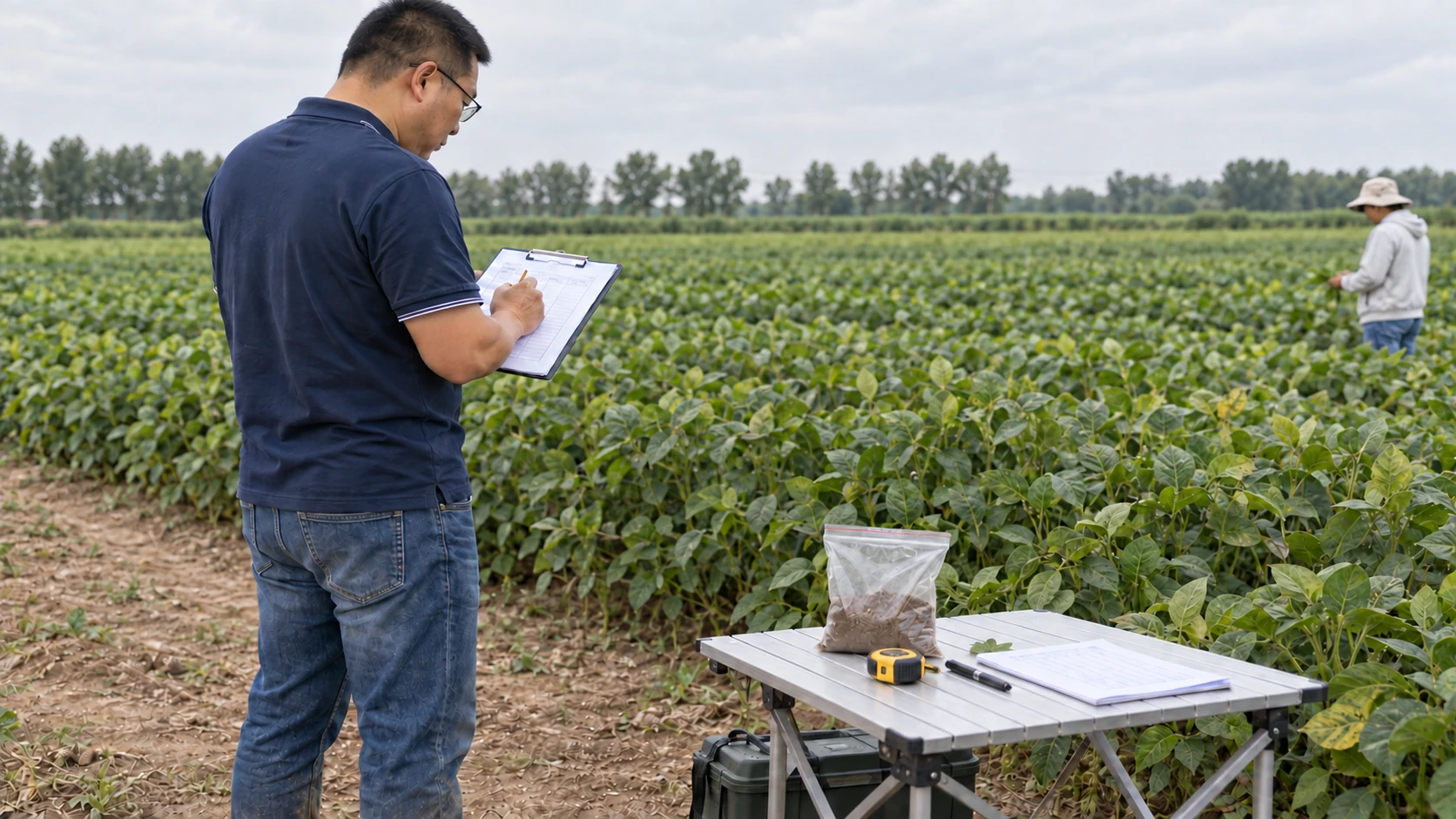 A technician recording observations beside a soybean field.
