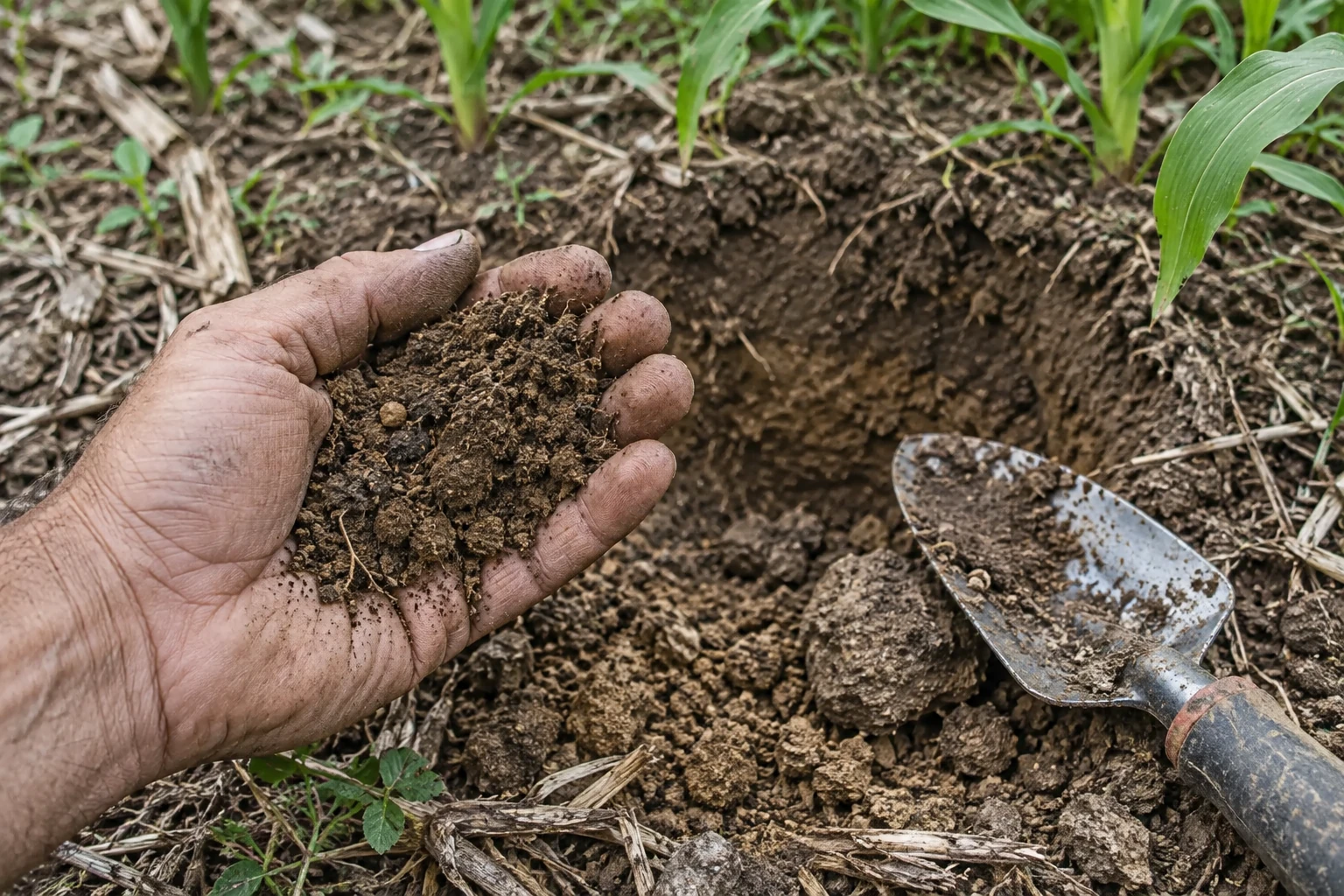 A hand holding a soil sample beside a trowel and a small pit among maize seedlings.