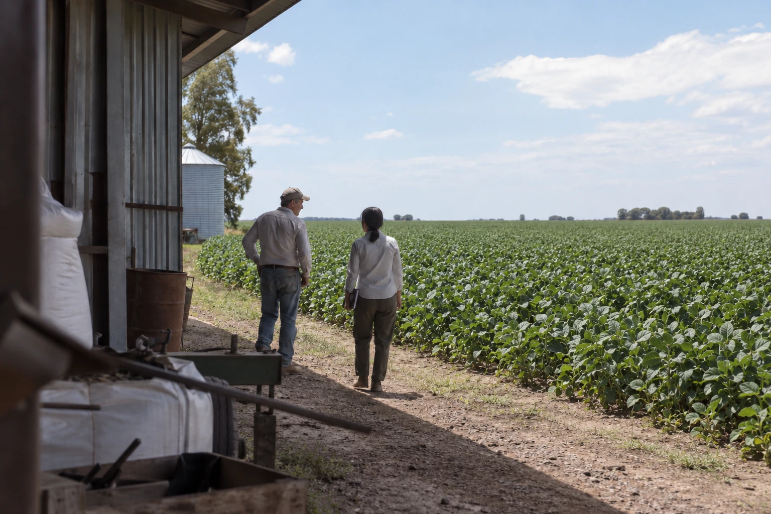 A field visit beside a soybean crop and farm shed.