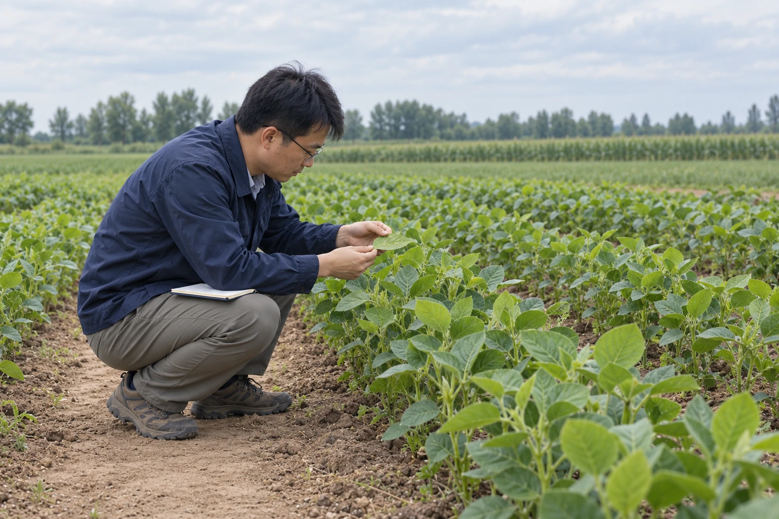 An agronomist observing soybean leaves in a field plot.