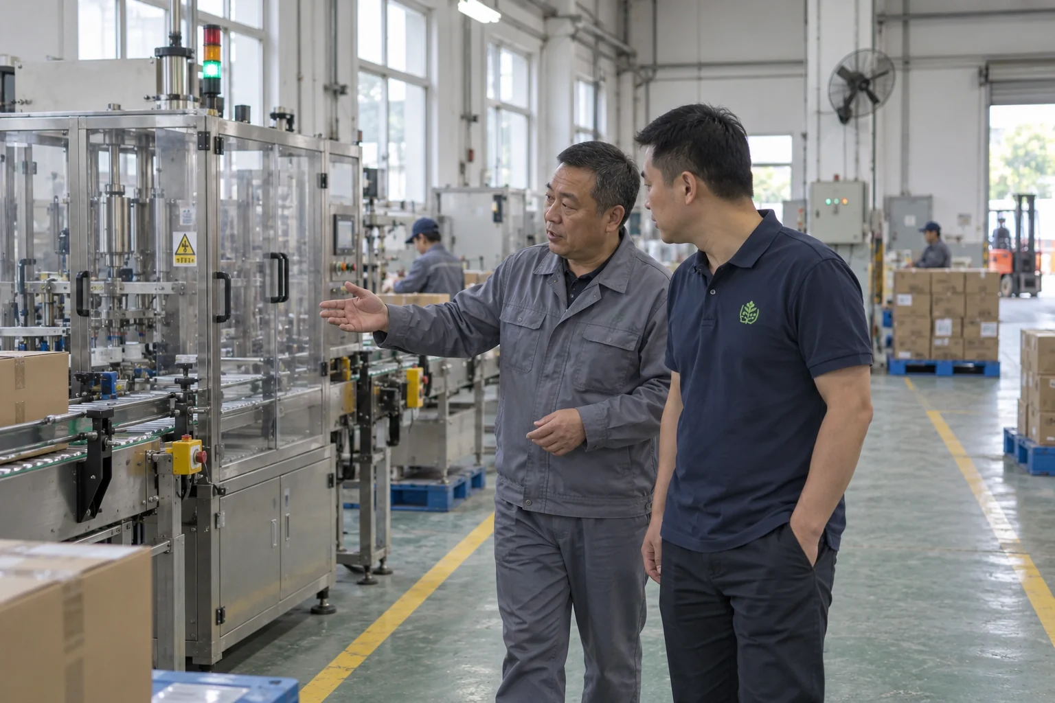 A technical visitor and a site supervisor discussing work beside a packaging line.