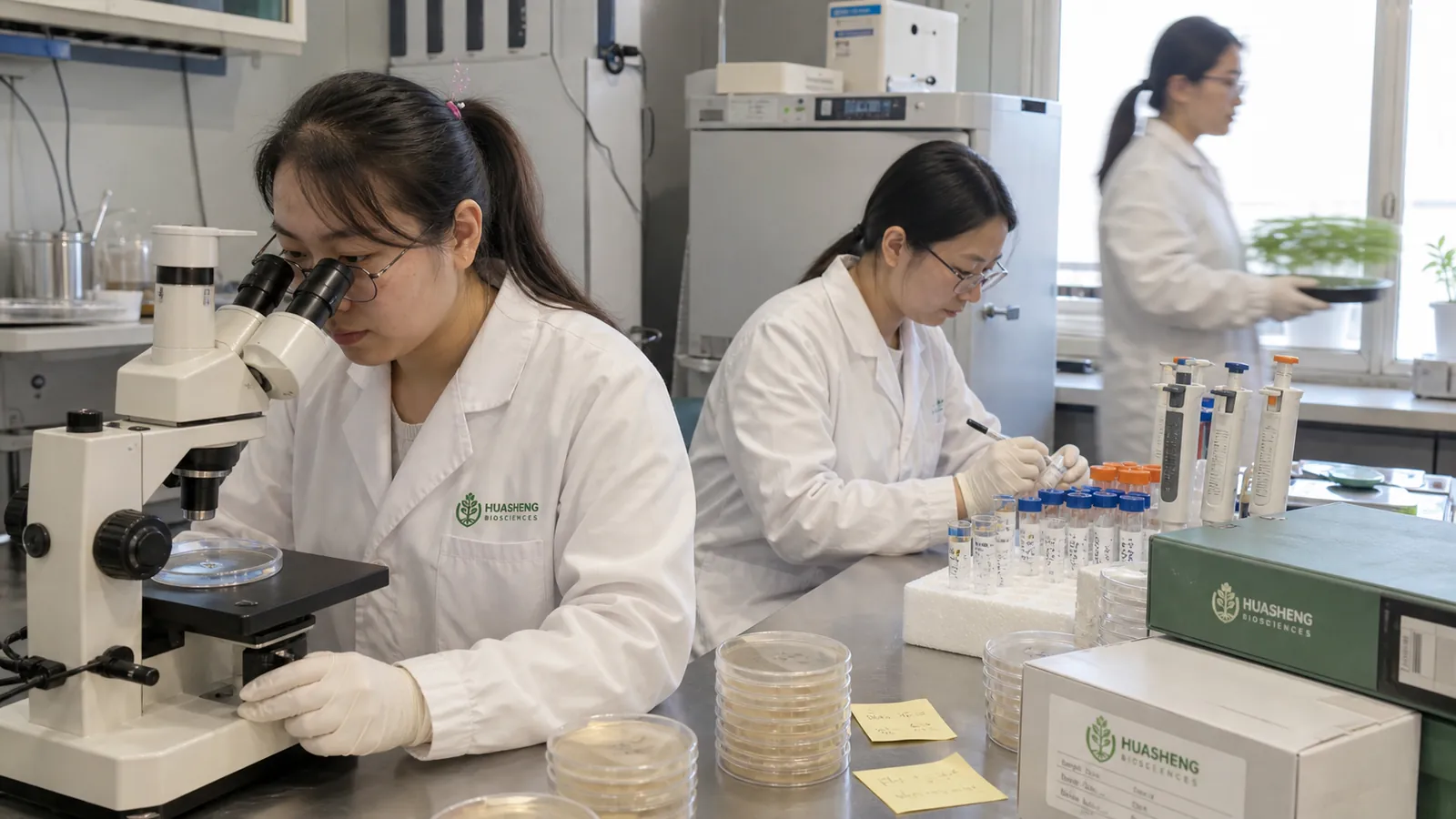 Laboratory staff working with a microscope and culture plates.