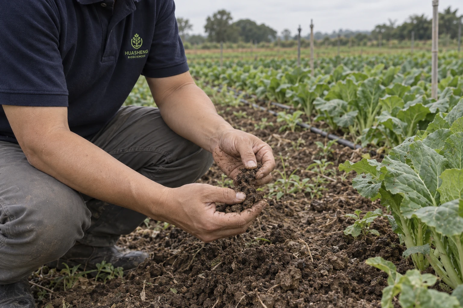 A field worker in a Huasheng polo shirt examining soil beside vegetable rows.